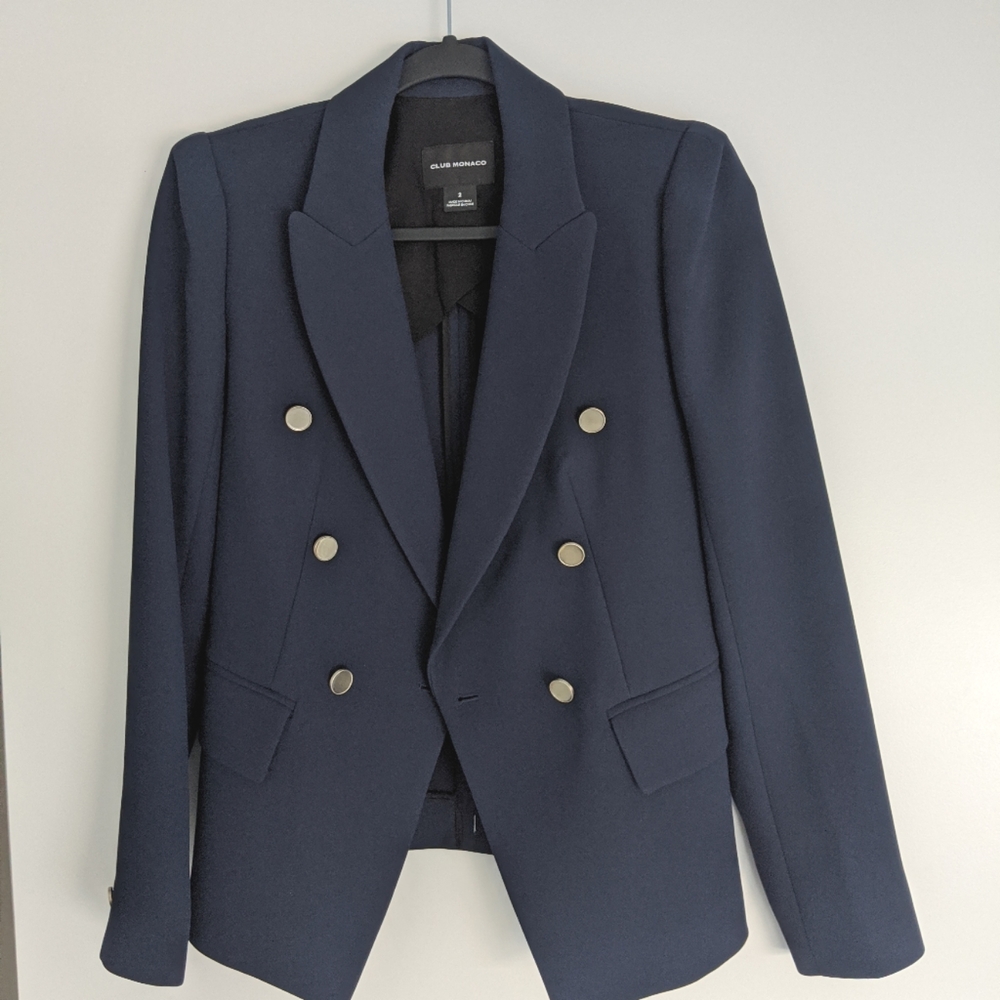 Club Monaco Double-Breasted Navy Blazer with Silver Buttons